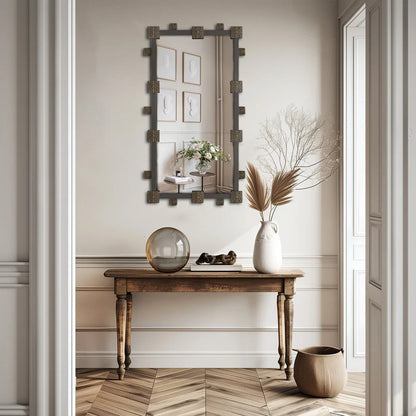 Elegant industrial-vintage rectangular wall mirror with ornate frame, perfect for bathroom, bedroom, or living room decor