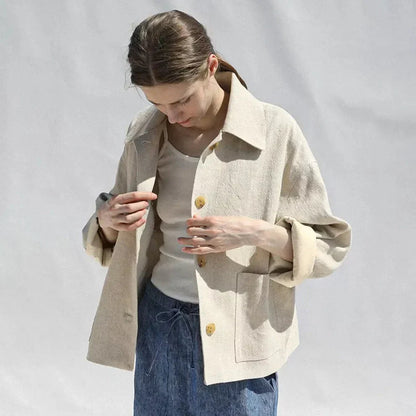 Elegant and comfortable cotton-linen autumn jacket for women with classic lapel collar and versatile design