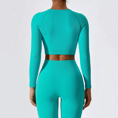 Essential Comfort Women's Ribbed Long Sleeve Yoga Crop Top in Tiffany Blue color