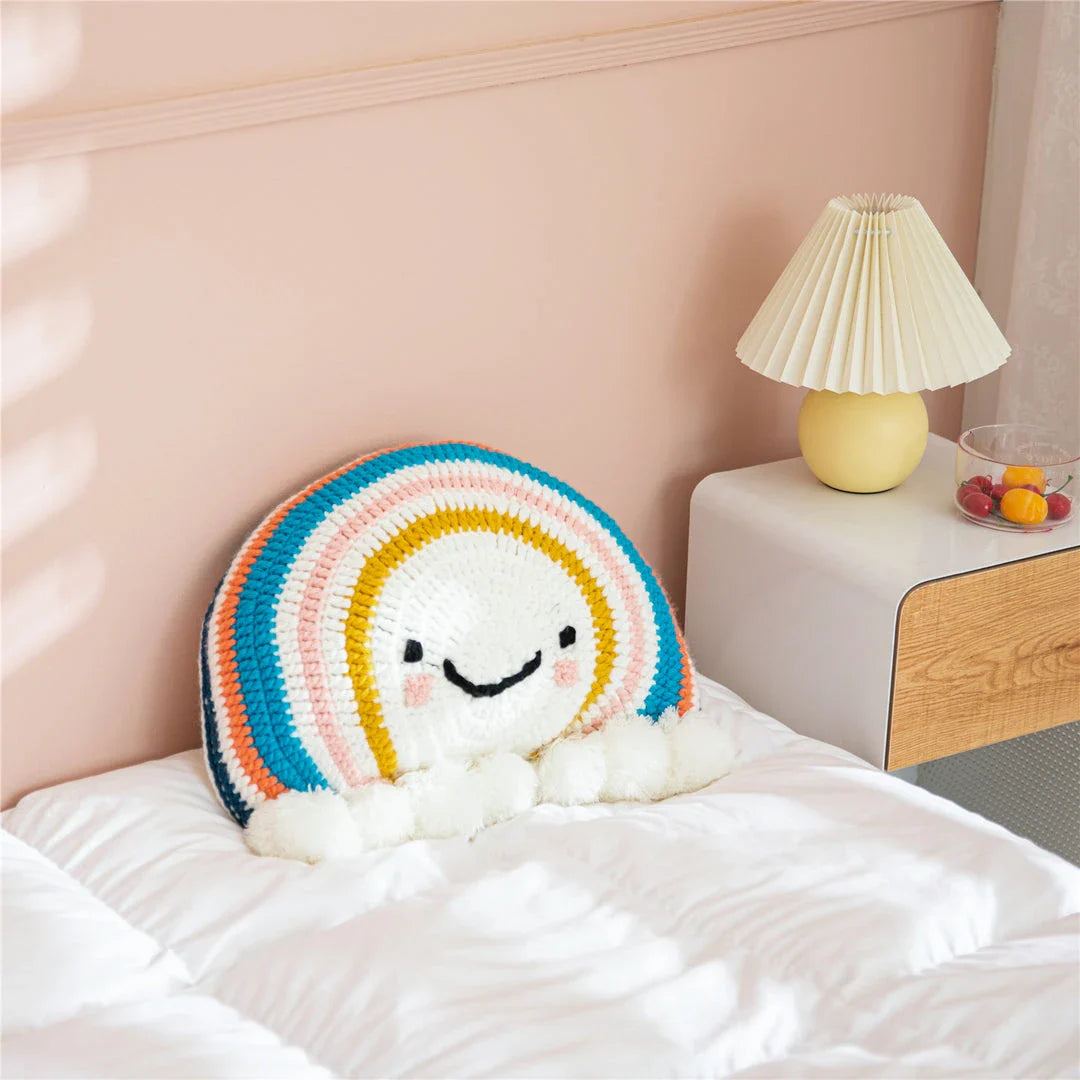 Cute cartoon rainbow sunflower decorative cushion with colorful pompom accents and a soft, supportive design