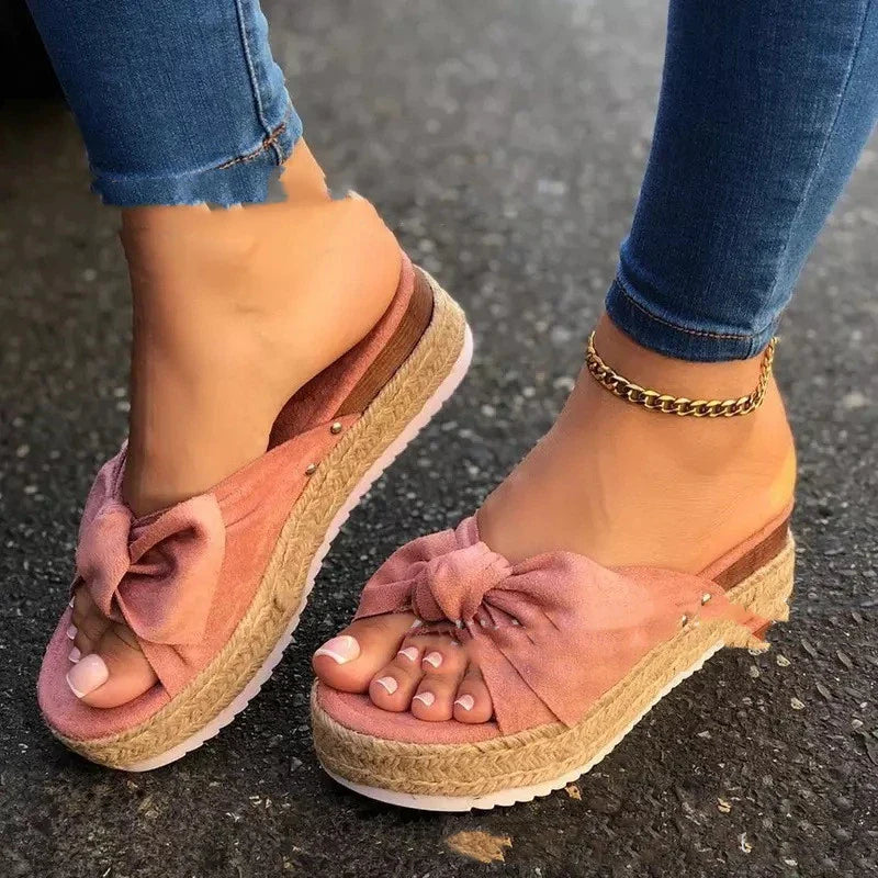 Premium hemp rope platform bow sandals with suede upper and PU sole for stylish and comfortable everyday wear