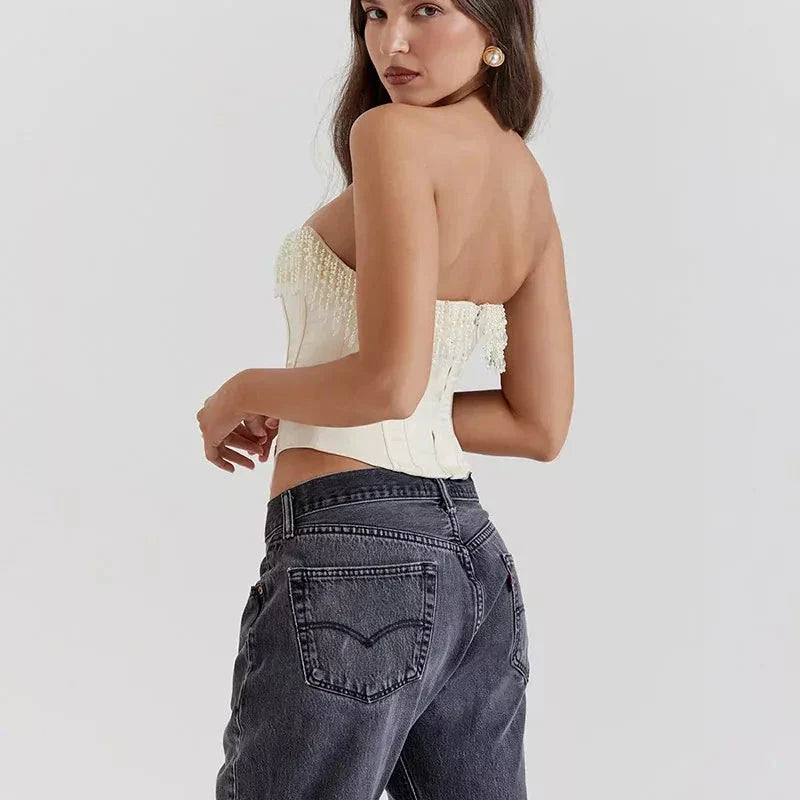 Chic strapless corset top with beaded tassels in white color, perfect for beach parties and special events