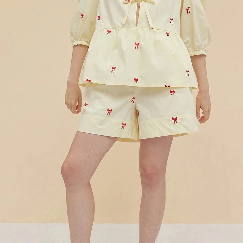 Hhomeenjoy Chic Bow-Embroidered Shorts Set for Effortless Summer Style