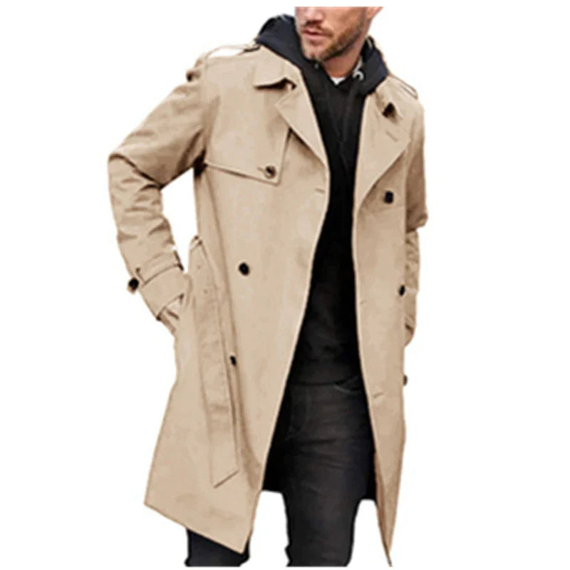 Stylish men's double-breasted trench coat in light gray color with slim fit silhouette
