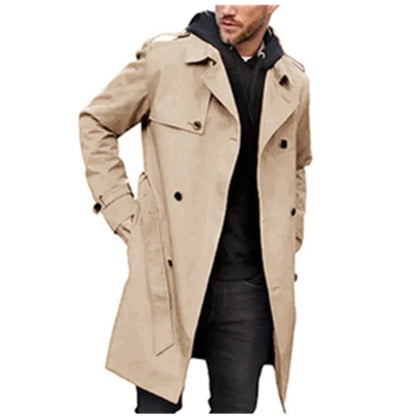 Stylish men's double-breasted trench coat in light gray color with slim fit silhouette