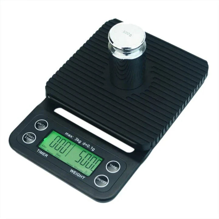 A sleek and modern digital kitchen scale with a timer function, designed to provide precise measurements and enhance your culinary skills.