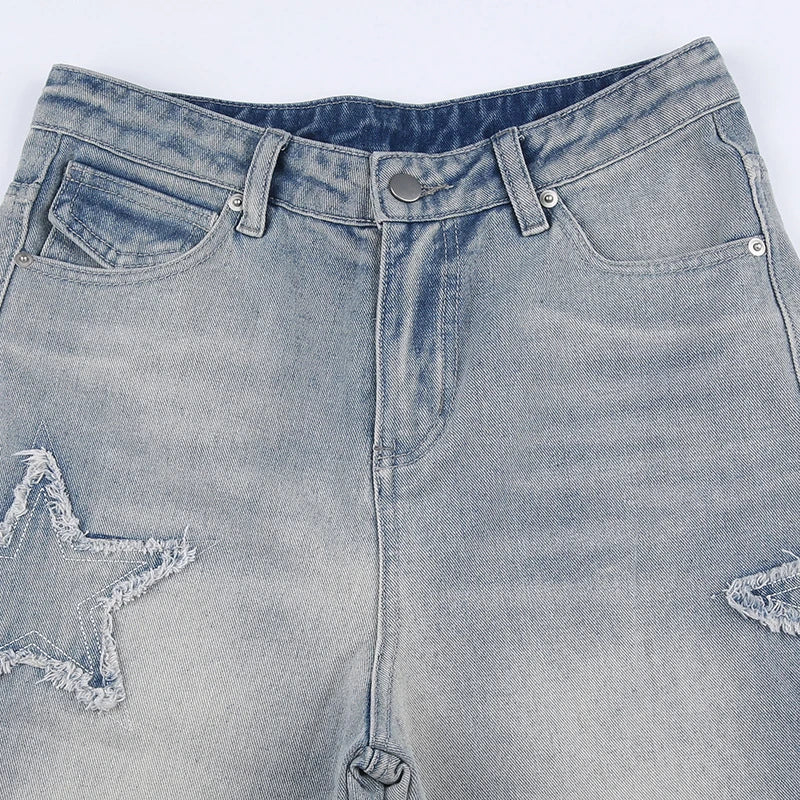 Premium embroidered high-rise straight leg denim jeans in a classic blue color