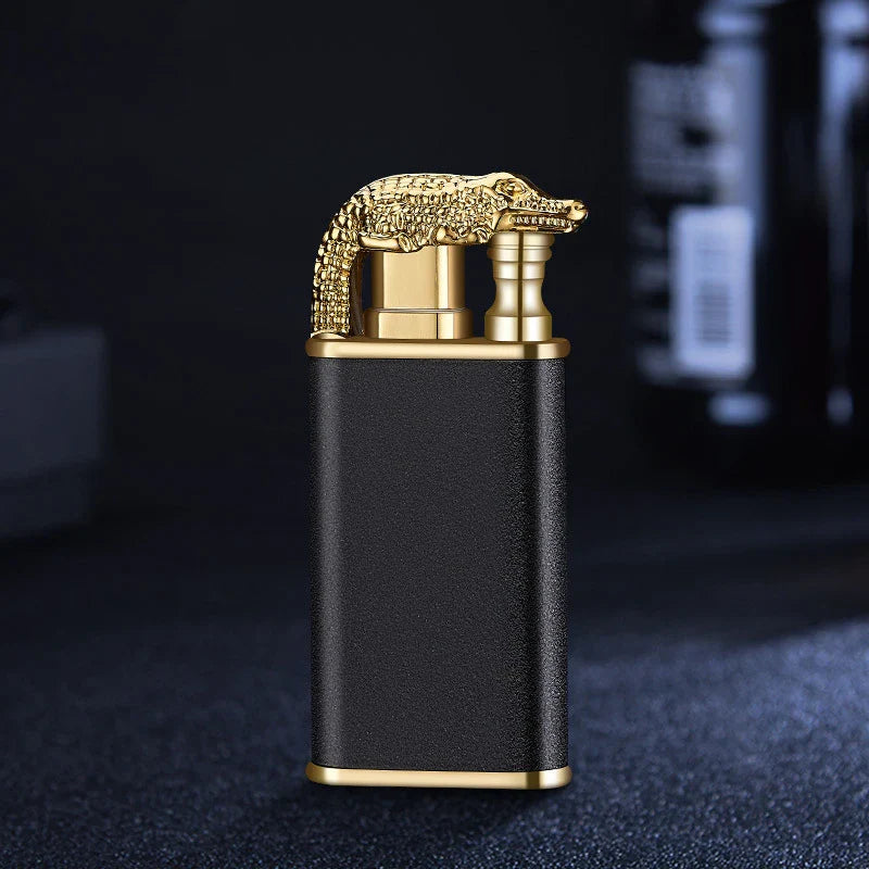 Multipurpose windproof lighter with a dragon or dolphin design, featuring a dual-flame and wind-resistant construction for versatile use.