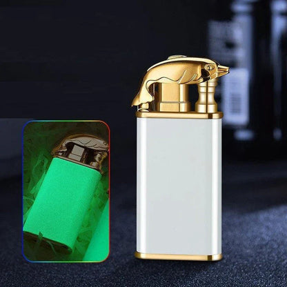 Multipurpose windproof lighter with a dragon or dolphin design, featuring a dual-flame and wind-resistant construction for versatile use.