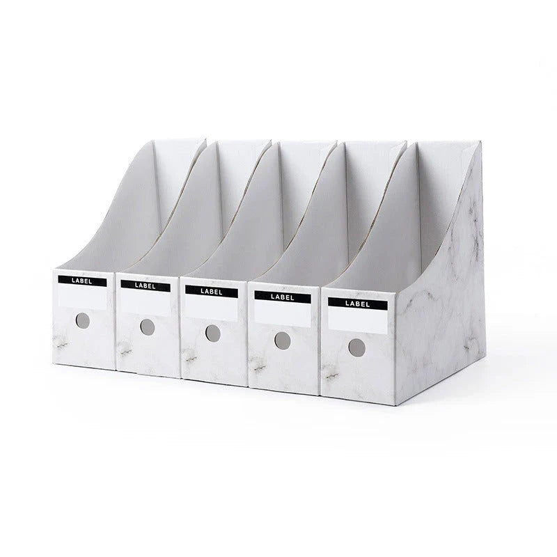 Elegant white desk organizer with compartments for storing documents, books, and office supplies