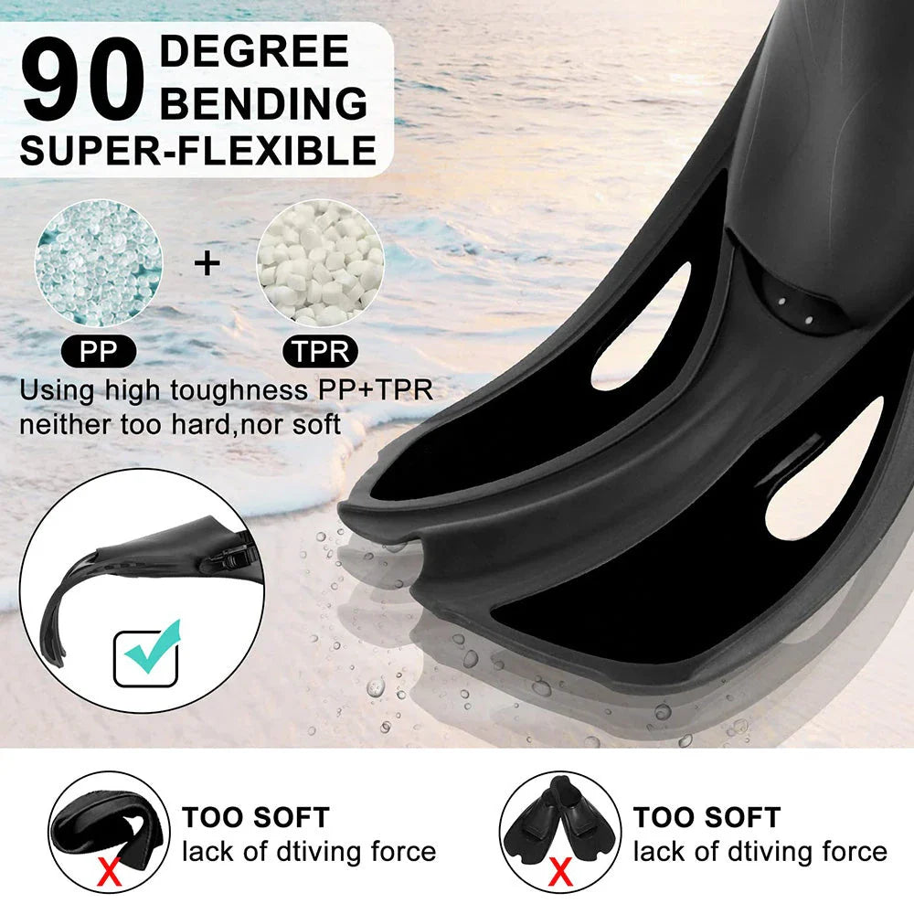 A pair of adjustable travel snorkel fins in various sizes and colors, perfect for underwater adventures and water sports.