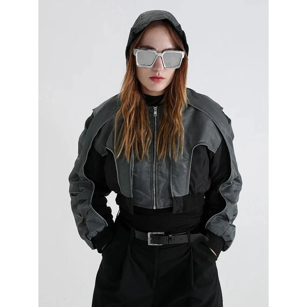 Autumn Reflective Splice Hooded Jacket with contrasting colors, reflective splicing, and a chic patchwork design
