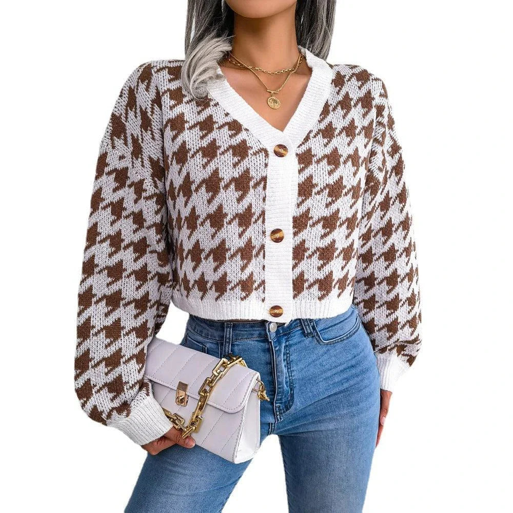 Cozy and stylish thousand birds pattern cardigan sweater with lantern sleeves