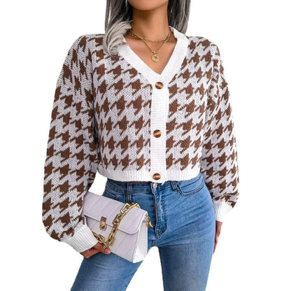 Cozy and stylish thousand birds pattern cardigan sweater with lantern sleeves