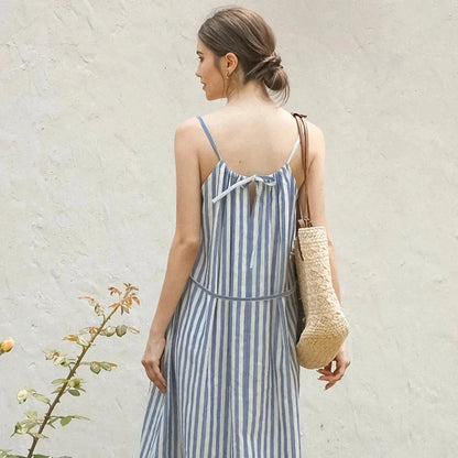 Chic striped cotton linen maxi dress with a flattering A-line silhouette and natural waistline
