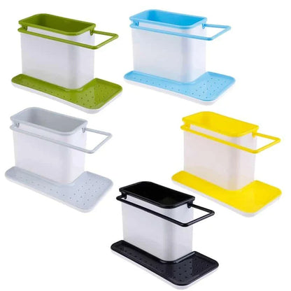 Multifunctional sink organizer with storage compartments, drying rail, and drip tray for a tidy kitchen countertop