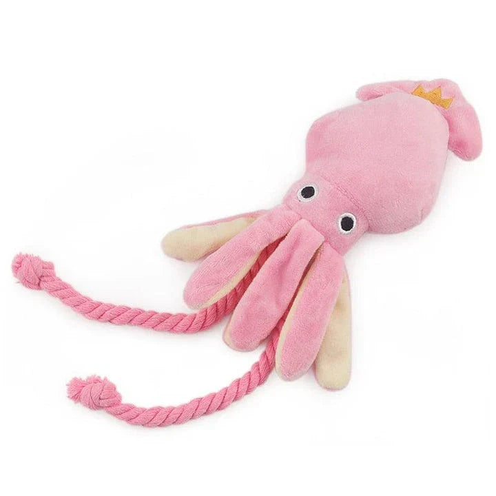 Plush pink squid-shaped dog toy made of soft, high-quality fleece material