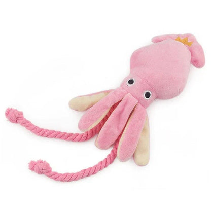 Plush pink squid-shaped dog toy made of soft, high-quality fleece material