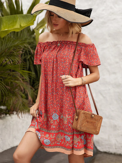 Elegant floral one-line collar dress for women in beige, red, and orange colors