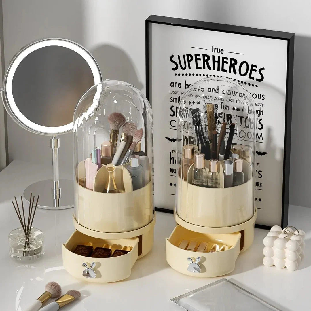 A 360-degree rotating makeup brush holder with a convenient drawer for storing brushes and other small makeup items