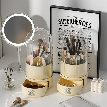 A 360-degree rotating makeup brush holder with a convenient drawer for storing brushes and other small makeup items