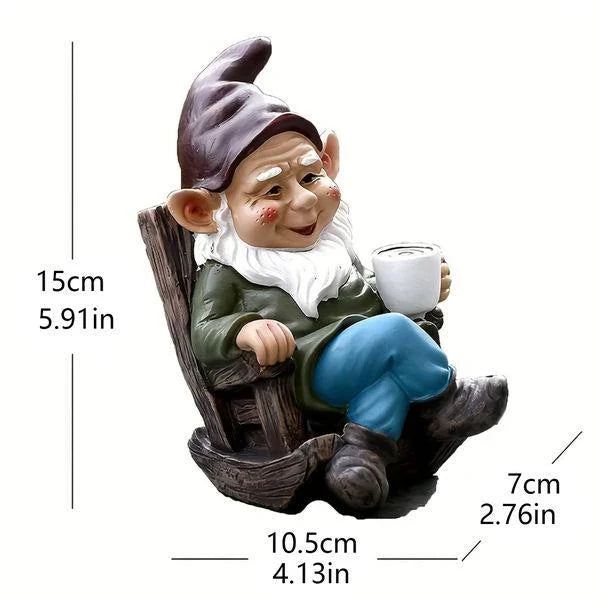 Charming outdoor garden gnome decoration made of durable resin, featuring a relaxing gnome on a rocking chair