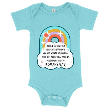 Soft, comfortable Bible verse onesie in mauve triblend fabric for newborns and growing babies up to 24 months