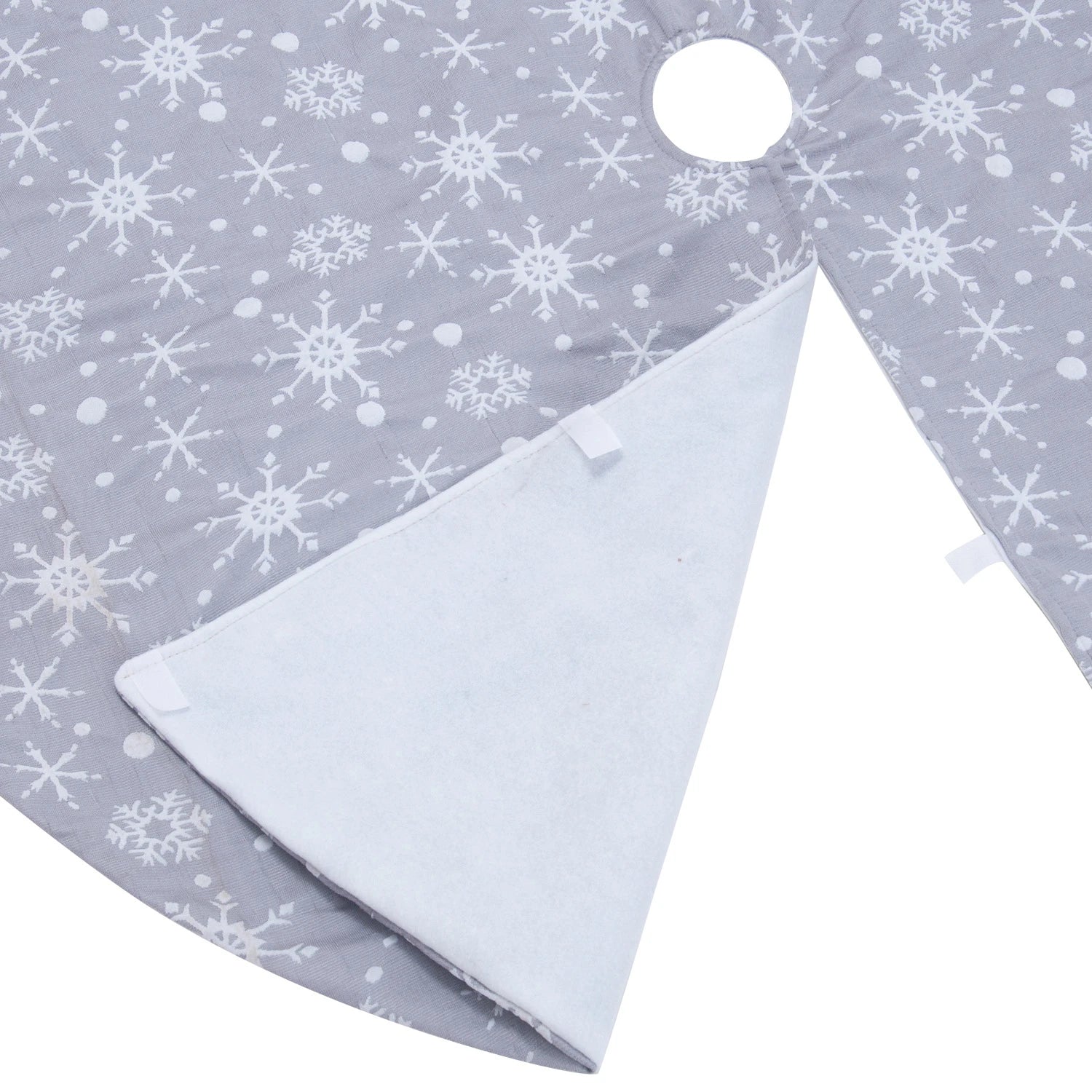 Elegant gray and white snowflake Christmas tree skirt for festive holiday home decor