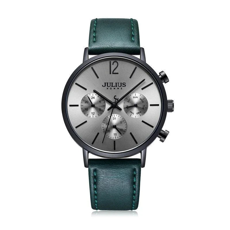 A sophisticated multi-function quartz watch with a sleek design, water-resistant construction, and versatile features.