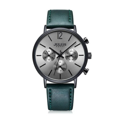 A sophisticated multi-function quartz watch with a sleek design, water-resistant construction, and versatile features.