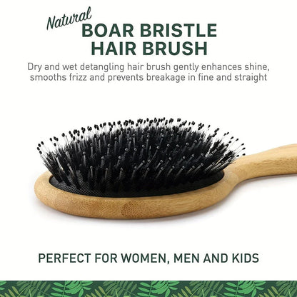Natural Boar Bristle Hair Brush with Bamboo Handle for Detangling, Scalp Massage, and Frizz Control