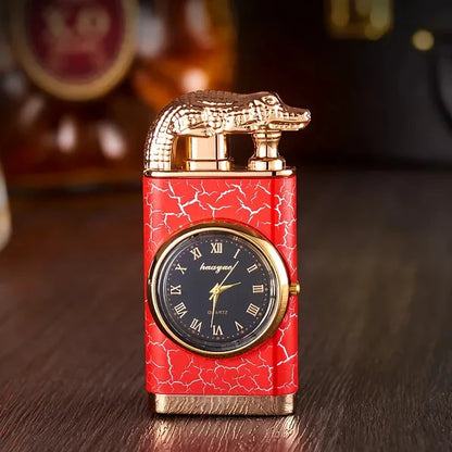 Premium dual-flame metal lighter with a distinctive crocodile head design, providing both style and functionality for outdoor and indoor use.