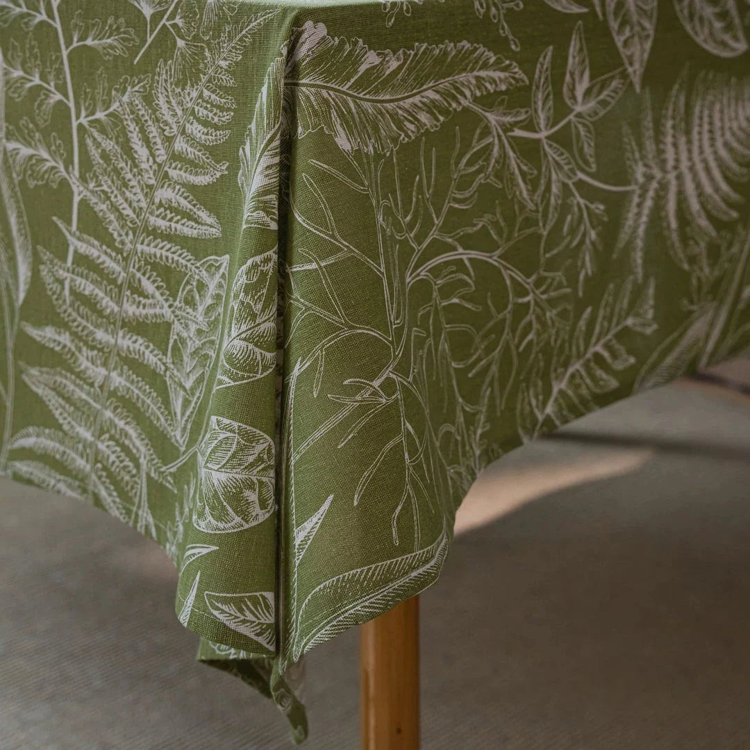 Green Leaf Sketching Dining Table Cloth with a charming jacquard weave and printed leaf pattern