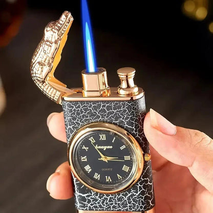Premium dual-flame metal lighter with a distinctive crocodile head design, providing both style and functionality for outdoor and indoor use.