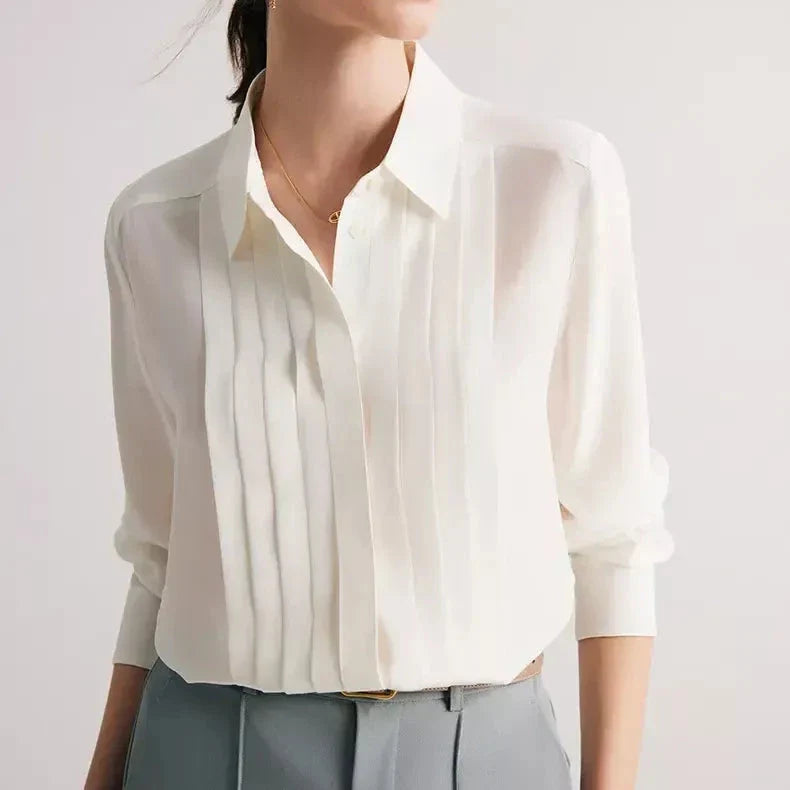 Elegant white blouse made from premium mulberry silk, designed with a sophisticated turn-down collar for the modern office lady