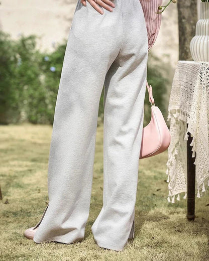 High-Waisted Wide Leg Casual Pants with Lace-Up Waist in Gray Color