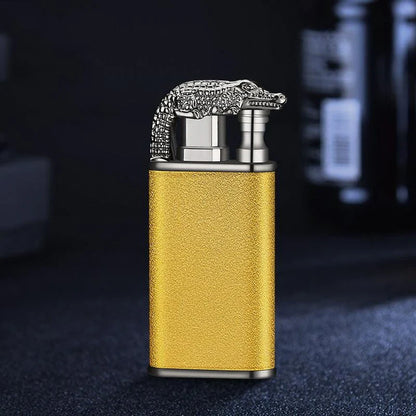 Multipurpose windproof lighter with a dragon or dolphin design, featuring a dual-flame and wind-resistant construction for versatile use.