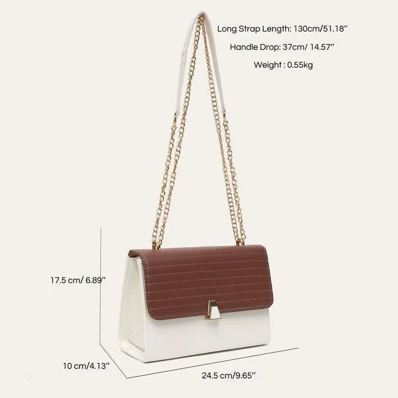 Color Block Quilted Vegan Leather Fashion Shoulder Bag in Orange with Decorative Lock and Chain Detail