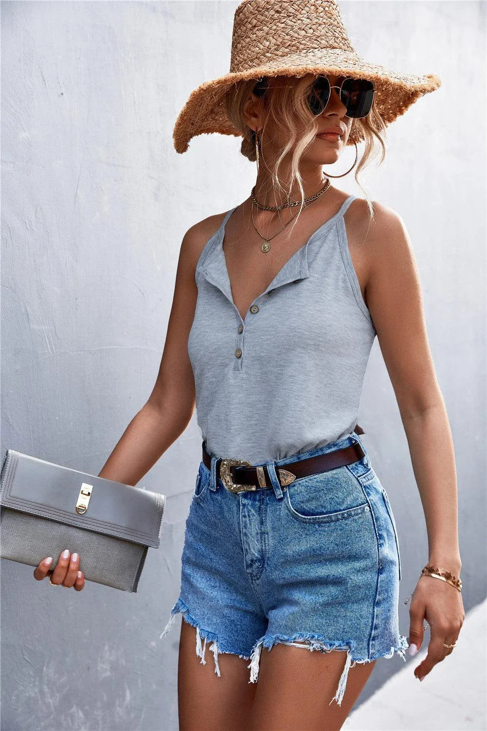 Trendha Stylish Grecian Neck Cami in Gray with Button Closure and Sleeveless Design