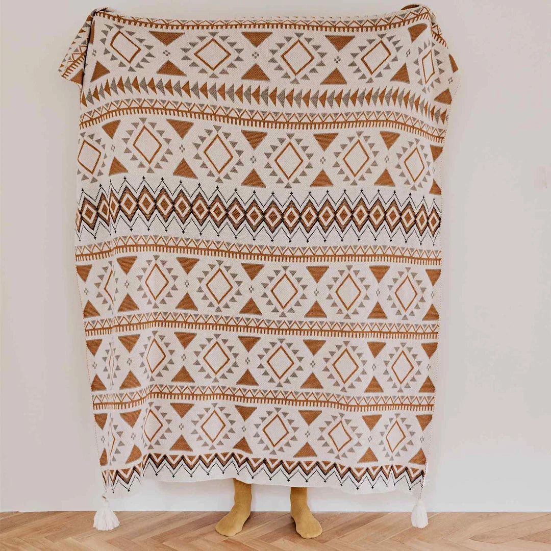Cozy boho geometric cotton knitted blanket with a soft, breathable design perfect for warm summer nights