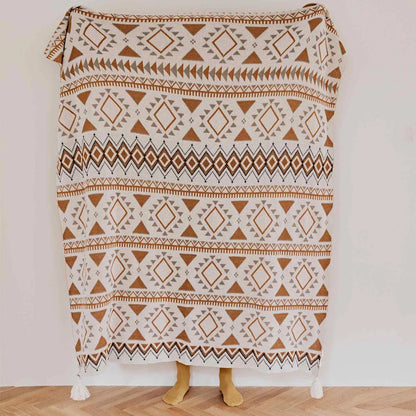 Cozy boho geometric cotton knitted blanket with a soft, breathable design perfect for warm summer nights