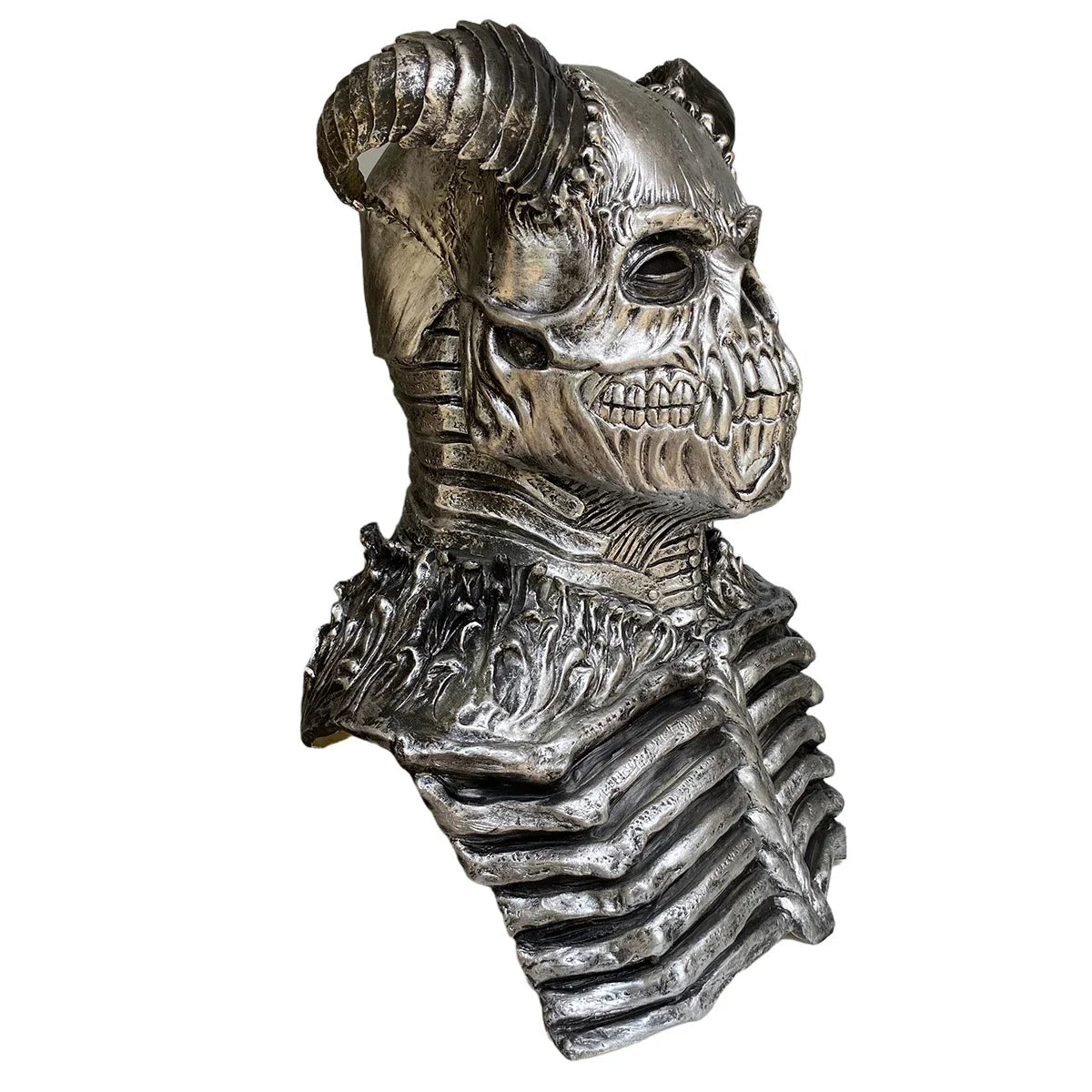 A terrifying Halloween mask made of latex, featuring a skull design with horns to create a dark, demonic appearance.