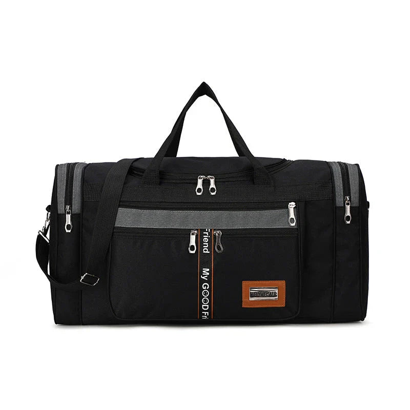 Large Capacity Travel Duffel Bag in Black, Khaki, and Dark Grey colors with spacious design, durable Oxford fabric, and secure zipper closure