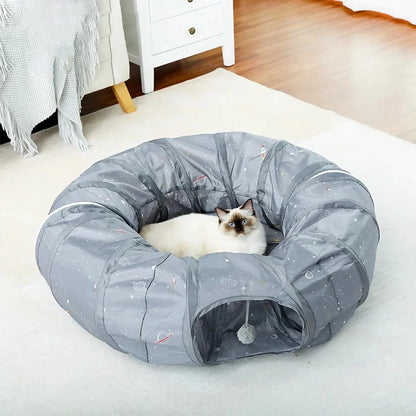 Cozy gray cat tunnel toy with plush mat, offering a fun and relaxing hideaway for cats and small dogs