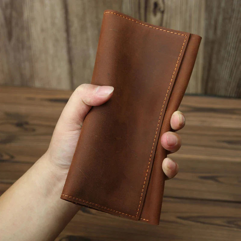Trendha Men's Retro Handmade Long Wallet made of premium cow leather with sleek vertical design and practical internal organization