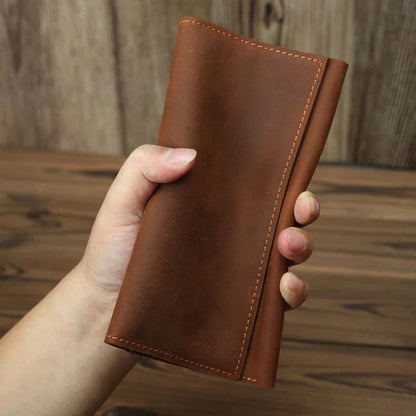 Trendha Men's Retro Handmade Long Wallet made of premium cow leather with sleek vertical design and practical internal organization
