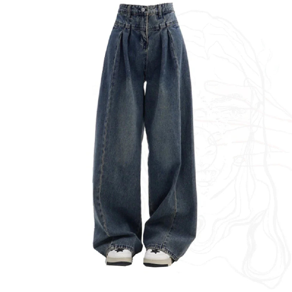 Fashionable wide-leg blue denim jeans with a relaxed, comfortable fit and high-waisted design
