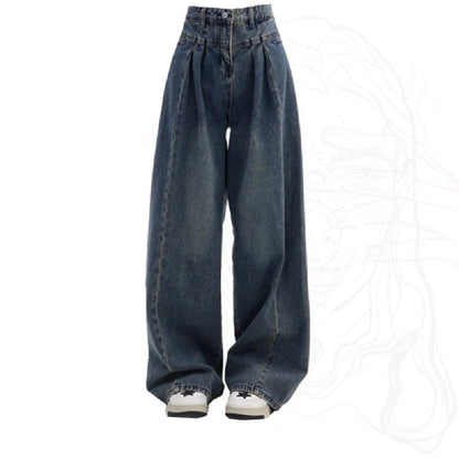 Fashionable wide-leg blue denim jeans with a relaxed, comfortable fit and high-waisted design