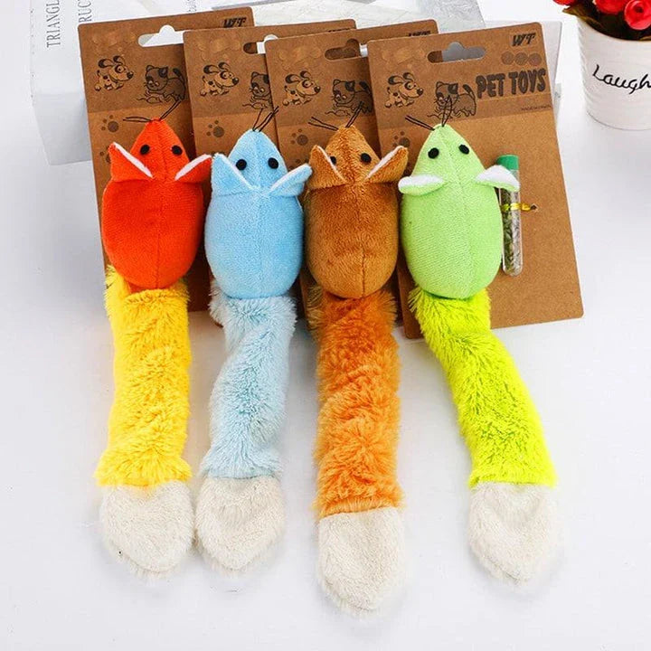 An orange long-tailed mouse-shaped teaser toy for cats, designed to captivate their attention and trigger natural hunting behaviors.