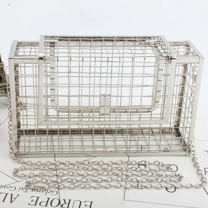 Metal shoulder bag with iron mesh design, adjustable chain strap, and compact size for versatile wear